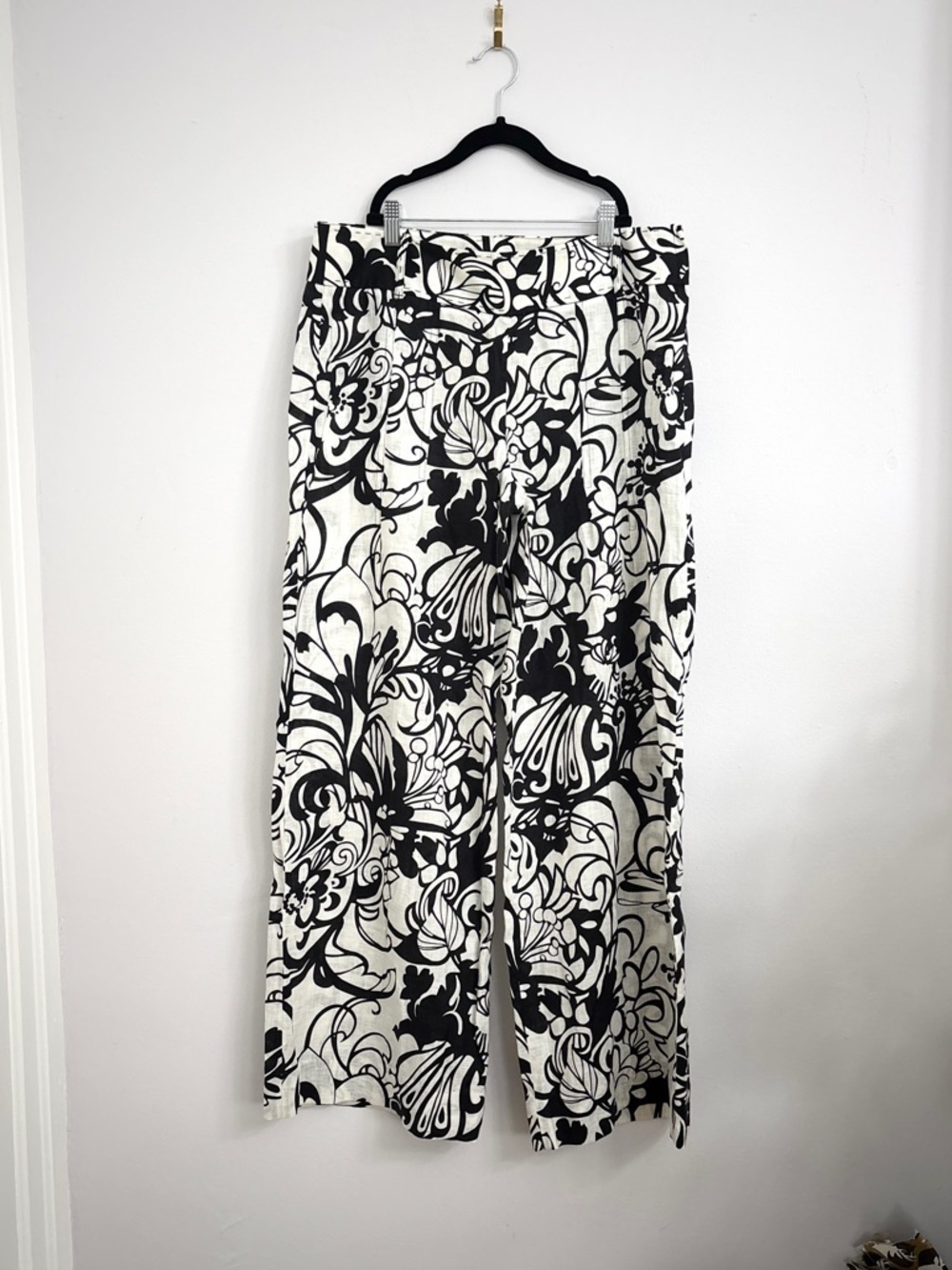 Ellie Tahari Floral 100% Linen Black & White Floral Wide-Leg Pants - Sz 10